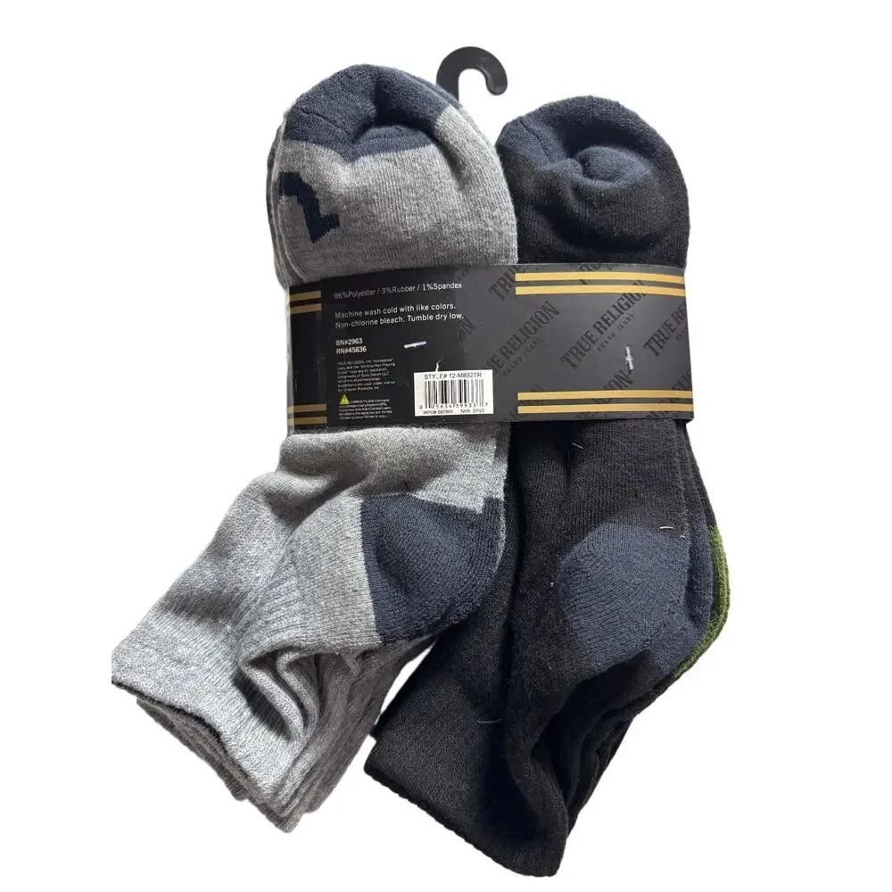 True Religion Men's 12 Pack Half Cushion Mid Crew Socks Black Gray Shoe 8-12.5 N